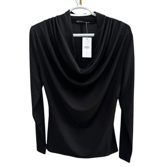 Suzy Shier Black Cowl Neck Draped Blouse Size Small - Picture 1 of 3